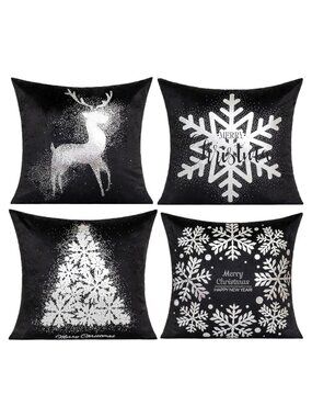 All Smiles ✨Christmas Pillow Covers 18x18 Set of 4 Black Silver NWT 🎄❄️